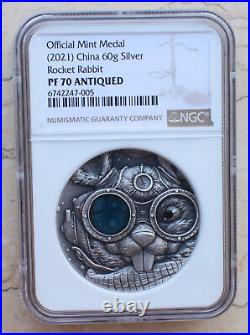 NGC PF70 Antiqued China 2021 60g Silver Medal Rocket Rabbit Moon