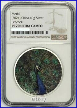 NGC PF70 China 2021 Peacock Flaunting Its Tail Colorized Silver Medal 40g COA