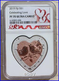 NGC PF70 Fiji S$1 2019 21.4g Silver Coin Celebrating Love Lovebirds Birds