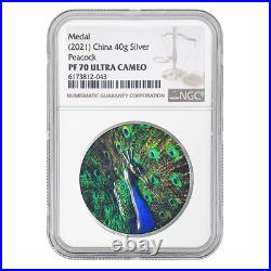 NGC PF70 UC 2021 China 40g Solid Silver Medal Peacock