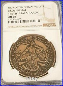 Nurnberg NGC 1897 AU 58 Unc City View Hunter High Relief Silver Shooting Medal