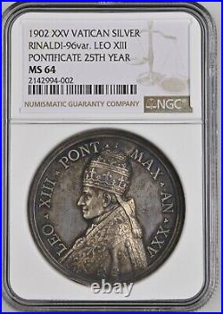 PAPAL STATES VATICAN 1902 Leo XIII Silver Medal NGC MS64 ONLY ONE GRADED