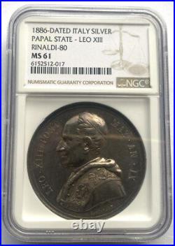Papal States (Vatican) 1886 Leo XIII NGC MS61 Silver Coin Medal, Rare