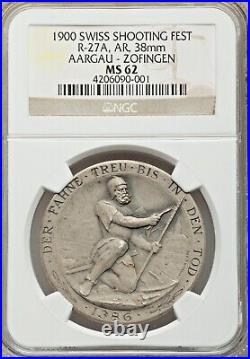 Rare Swiss 1900 Silver Shooting Medal Aargau Zofingen R-27a NGC MS62 Mintage-330