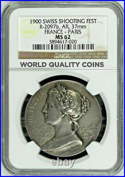 Rare Swiss 1900 Silver Shooting Medal France Paris R-2097b NGC MS62 Woman