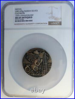 Russia 2003 Silver Medal. 10 Years Of Gazprom. 85 Gram. Moscow Mint. Ngc Ms-69