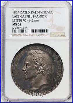 Sweden 1879 Lars Gabriel Branting 43mm Silver Medal, Uncirculated, Ngc Ms62