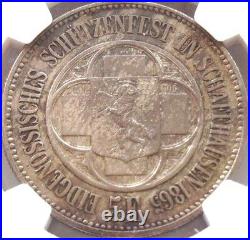 Swiss 1865 Shooting Taler 5 Francs Schaffhausen Helvetia R-1054b Medal NGC MS63