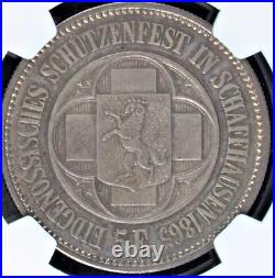 Swiss 1865 Shooting Taler 5 Francs Schaffhausen Helvetia R-1054b Medal NGC MS65