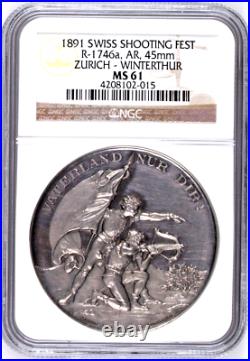 Swiss 1891 Silver Shooting Medal Zurich Winterthur R-1746a Mint-250 NGC MS61