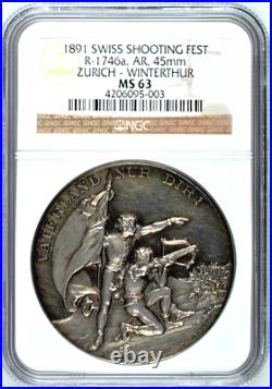 Swiss 1891 Silver Shooting Medal Zurich Winterthur R-1746a Mint-250 NGC MS63