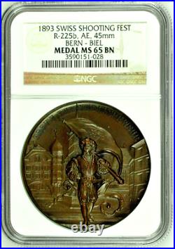 Swiss 1893 Bronze Shooting Medal Bern Biel NGC MS65 Mintage-250 R-225b