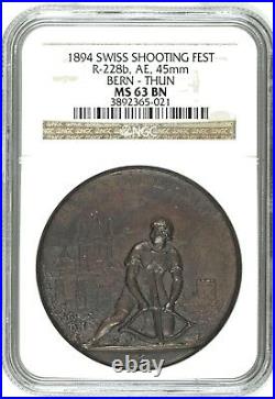 Swiss 1894 Bronze Medal Shooting Fest Bern Thun R-228b NGC MS63 Low Mintage