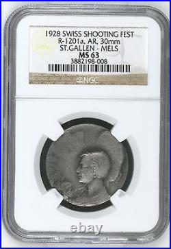 Swiss 1928 Silver Medal Shooting Fest St Gallen Mels R-1201a NGC MS63 Very Rare