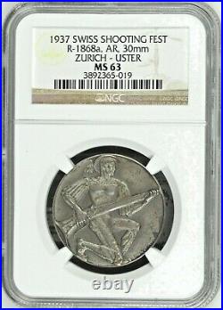 Swiss 1937 Silver Medal Shooting Fest Zurich Uster NGC MS63 Rare R-1868a