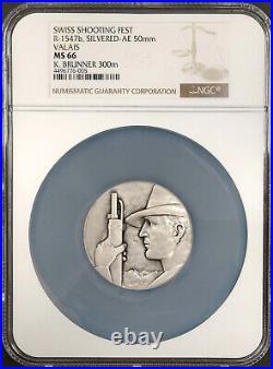 Swiss Shooting Fest Medal, R-1547b, Silvered-AE, 50 mm, Valais, MS 66 by NGC