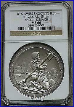 Switzerland Basel 1897 NGC MS 66 Shooting Medal Silver City View Top Pop rare