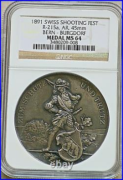 Switzerland Bern 1891 NGC MS 64 Shooting Medal Musketeer Silver rare Mint 250