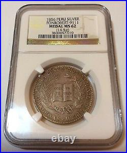 UNCIRCULATED 1856 peru silver medal 4 Reales NGC graded MS62 Lima Constitution