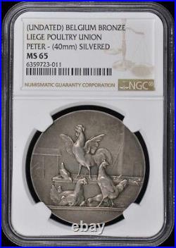 Undated Belgium Bronze Liege Poultry Union Peter 40mm Silvered NGC MS65
