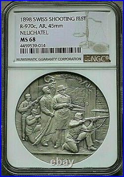 WOW! Switzerland Neuchatel 1898 NGC MS 68 Shooting Medal Silver Matte Swiss