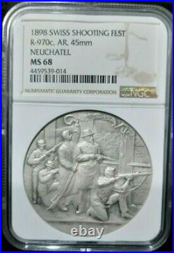 WOW! Switzerland Neuchatel 1898 NGC MS 68 Shooting Medal Silver Matte Swiss